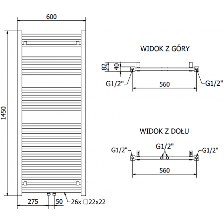 Håndkletørker Pluton 1450 x 600 mm, 900 W, Sort