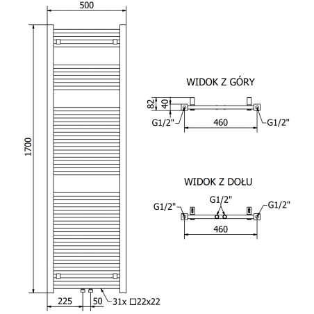 Håndkletørker Pluton 1700 x 500 mm, 900 W, Hvit