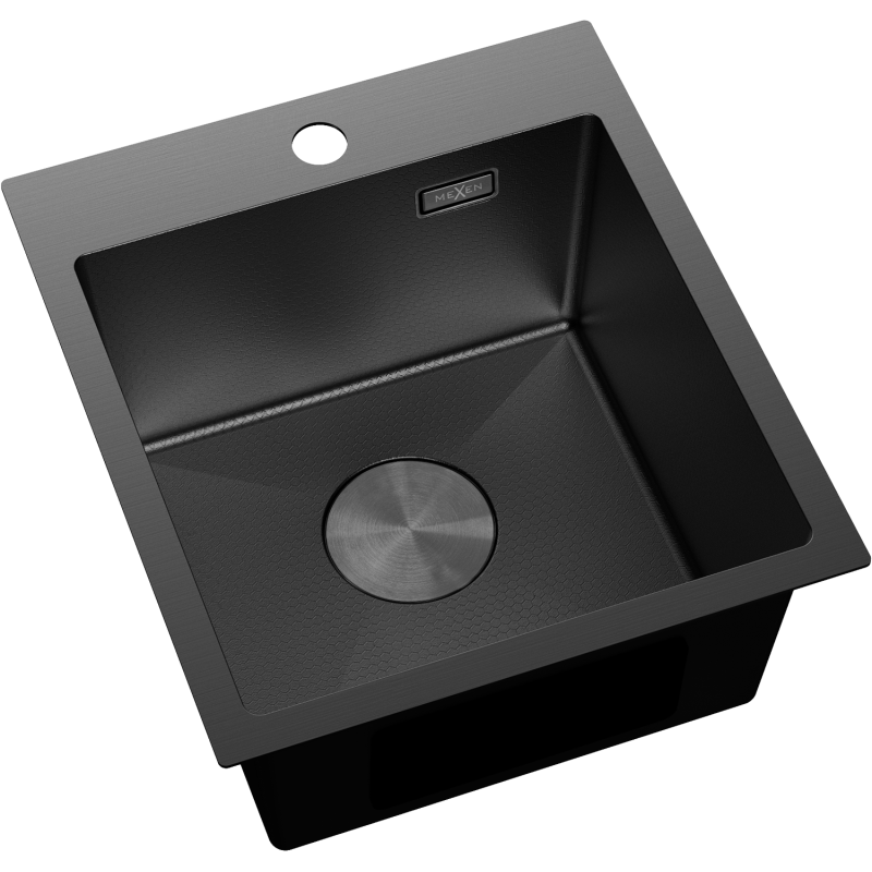 Stål Kjøkkenvask Mexen Solix 400 x 450 mm, sort, sett ovenfra med rund avløpsåpning og armaturhull.