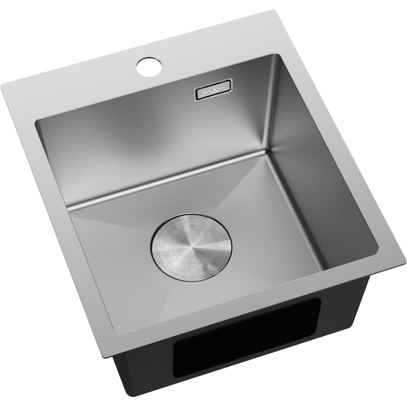 Stål Kjøkkenvask firkantet modell med synlig avløpslokk og hull til blandebatteri, sett ovenfra.