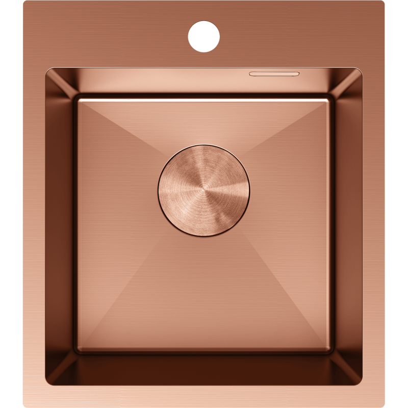 Kjøkkenvask i stål Mexen Solix 400 x 450 mm i børstet kobber med avløpslokk og hull for blandebatteri.