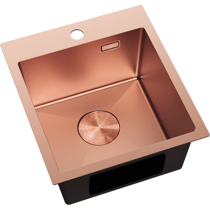 Stål Kjøkkenvask Mexen Solix 400 x 450 mm i børstet kobber, sett ovenfra med sentrert avløp.