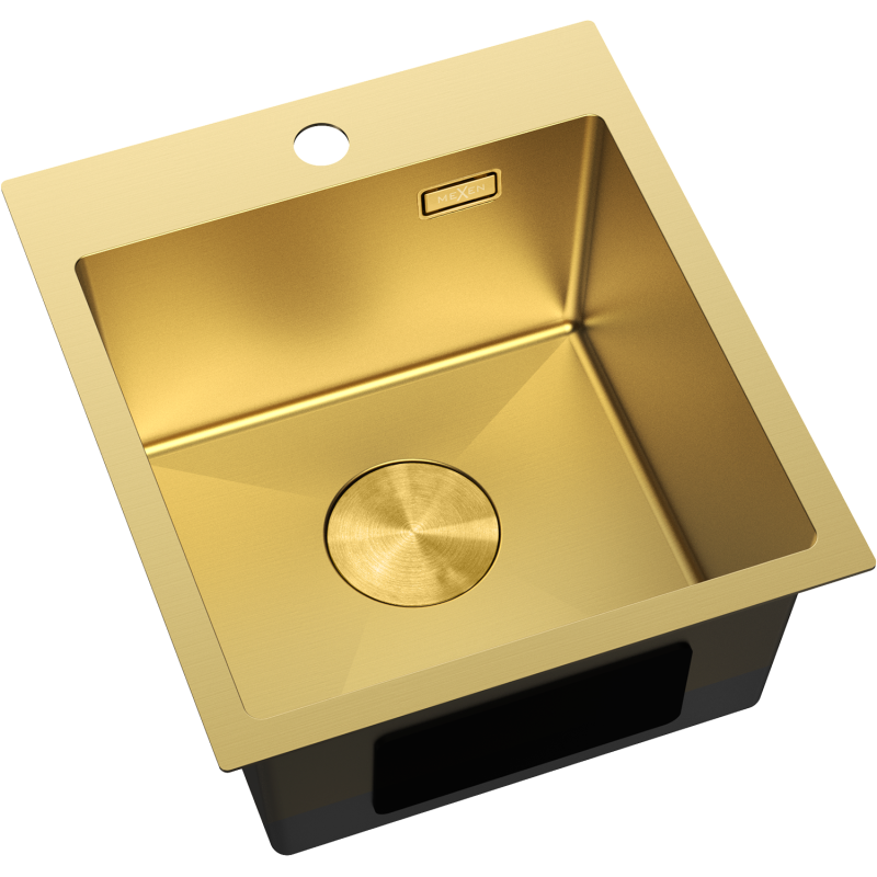 Stål Kjøkkenvask Mexen Solix i gull med firkantet design, sett ovenfra, synlig rund bunnventil og logo.