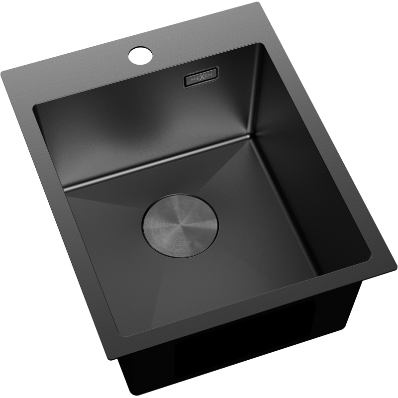 Stål Kjøkkenvask Mexen Solix svart, firkantet modell med avrundede hjørner og rund avløpsåpning.
