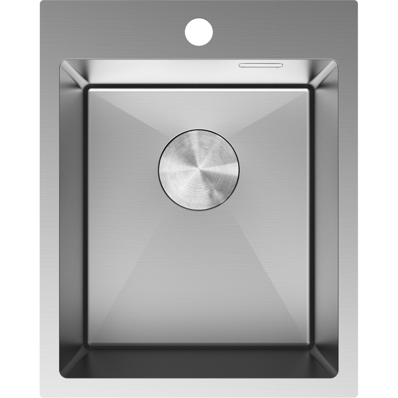 Kjøkkenvask i stål Mexen Solix 400 x 500 mm sett ovenfra med rund bunnventil og hull til armatur.