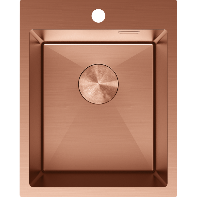 Kjøkkenvask i stål 400 x 500 mm i børstet kobber, sett ovenfra med avrundede hjørner og rundt sluk.
