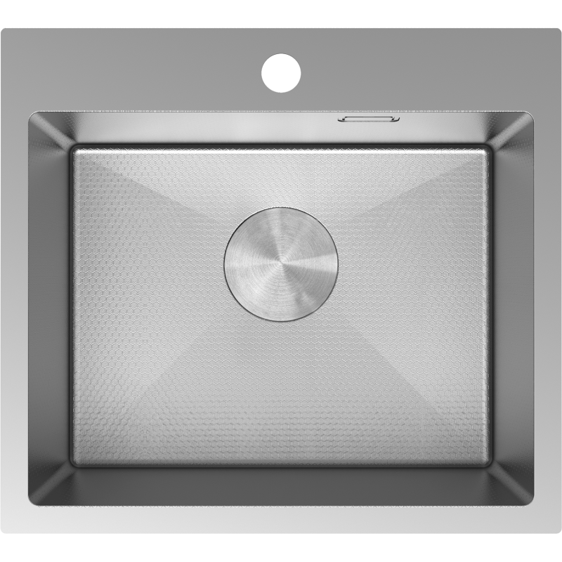 Kjøkkenvask i stål Mexen Solix 500 x 450 mm sett ovenfra med børstet overflate og sirkulært avløpslokk.