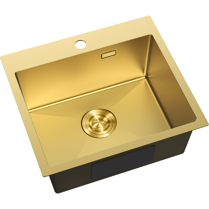 Kjøkkenvask Rustfritt Stål Mexen Solix 500 x 450 mm i gull, sett skrått ovenfra med sentrert avløp.
