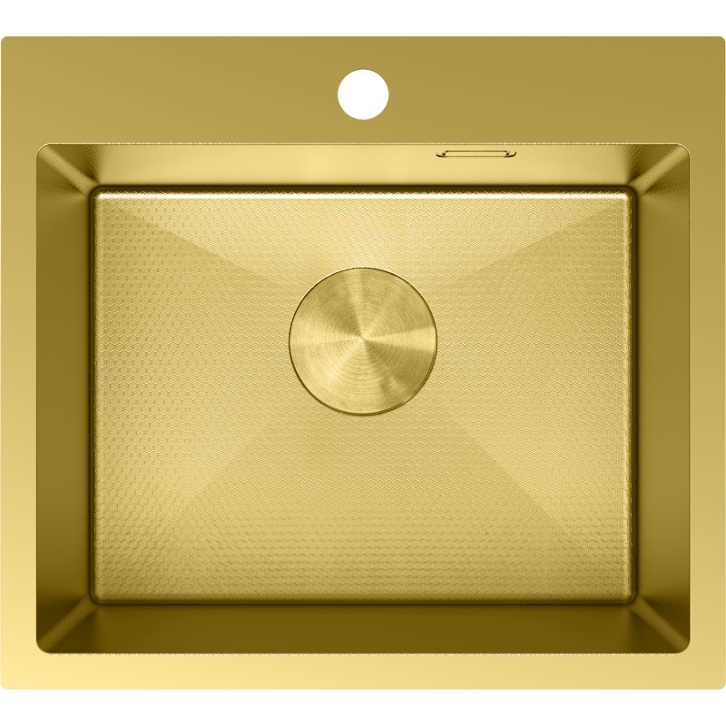 Kjøkkenvask i stål 500 x 450 mm i gull med strukturert overflate og stor rund bunnventil sett ovenfra.