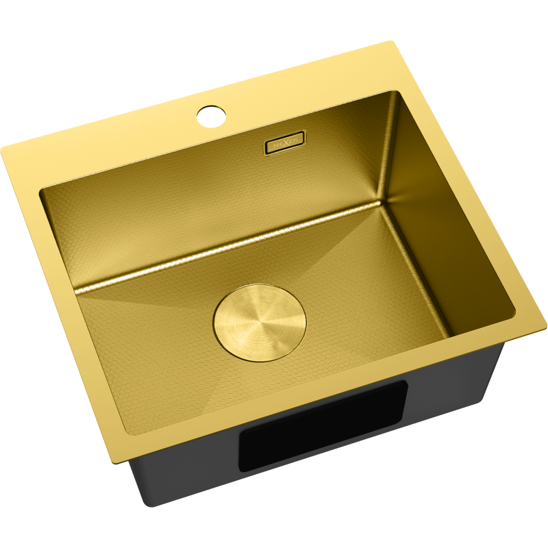 Stål Kjøkkenvask Mexen Solix gullfarget, rektangulær, sett ovenfra med matt overflate og rund avløpsåpning.