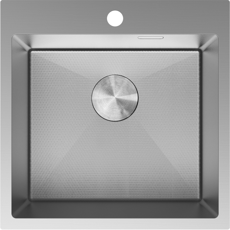 Kjøkkenvask i stål 500 x 500 mm sett ovenfra med teksturert bunn og sentrert avløpsdeksel.
