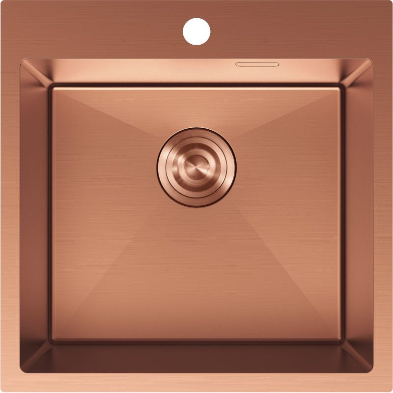 Stålvask Mexen Solix i børstet kobber, kvadratisk form, sett ovenfra med sentralt avløp.