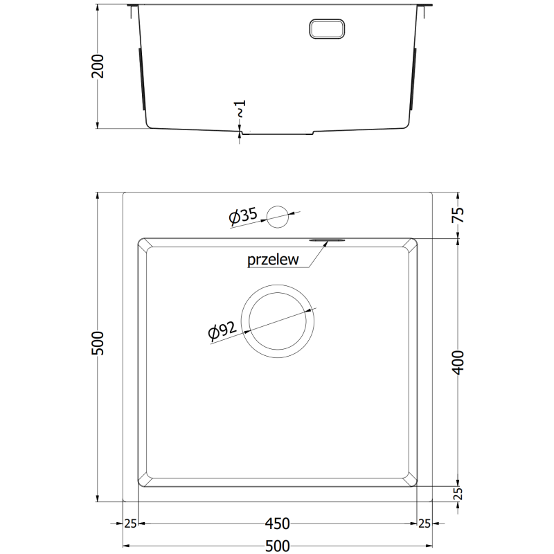 Kjøkkenvask i stål teknisk tegning med mål for Mexen Solix 500 x 500 mm, 1 kum, kobber.