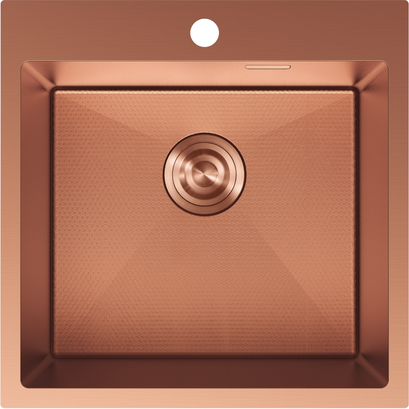 Stålvask Mexen Solix 500 x 500 mm i børstet kobber sett ovenfra med avløp og batterihull.