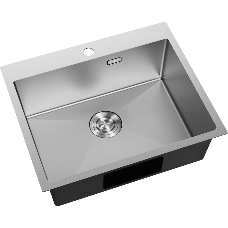 Kjøkkenvask Rustfritt Stål Mexen Solix 600x500 mm sett skrått ovenfra med synlig avløp og armaturhull.