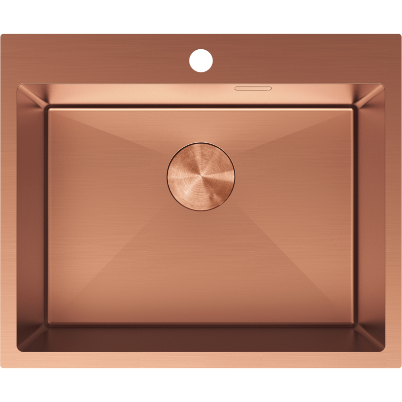 Kjøkkenvask i stål Mexen Solix 600x500 mm i børstet kobber, sett ovenfra med rund bunnsil.