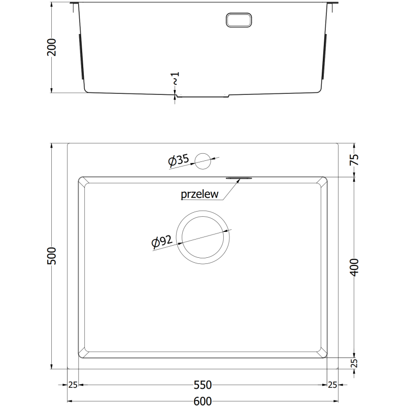 Kjøkkenvask i stål teknisk tegning med mål for Mexen Solix 600 x 500 mm, 1 kum, gull.
