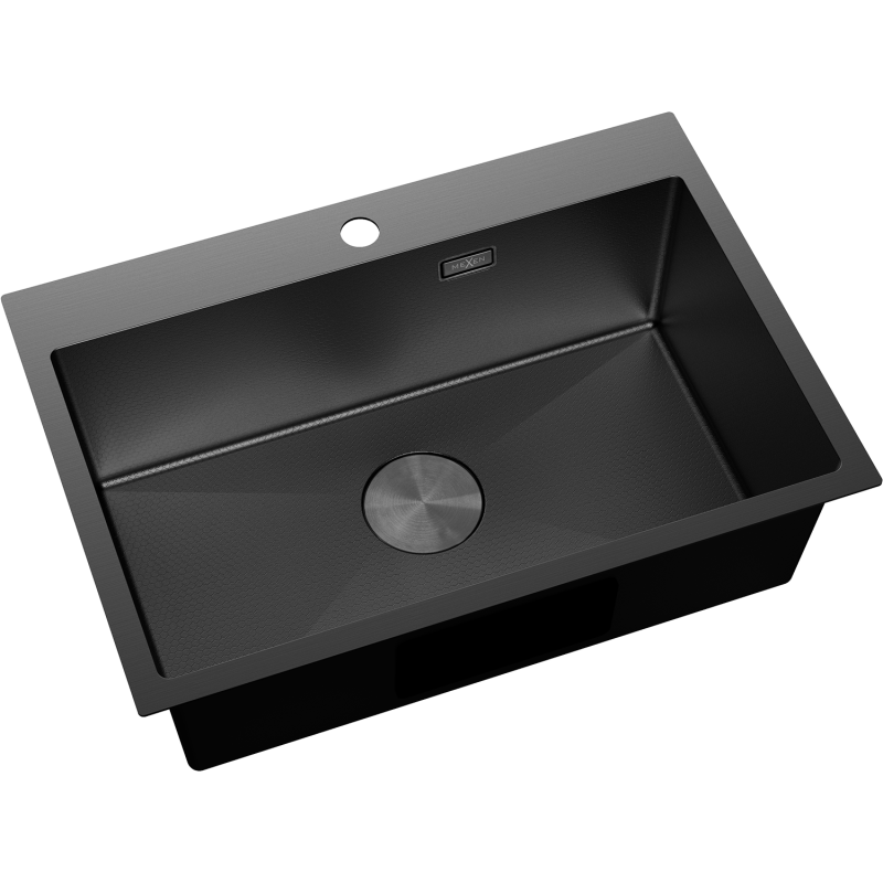 Stål Kjøkkenvask Mexen Solix svart 650x450 mm, skrått ovenfra med matt finish og rund bunn.