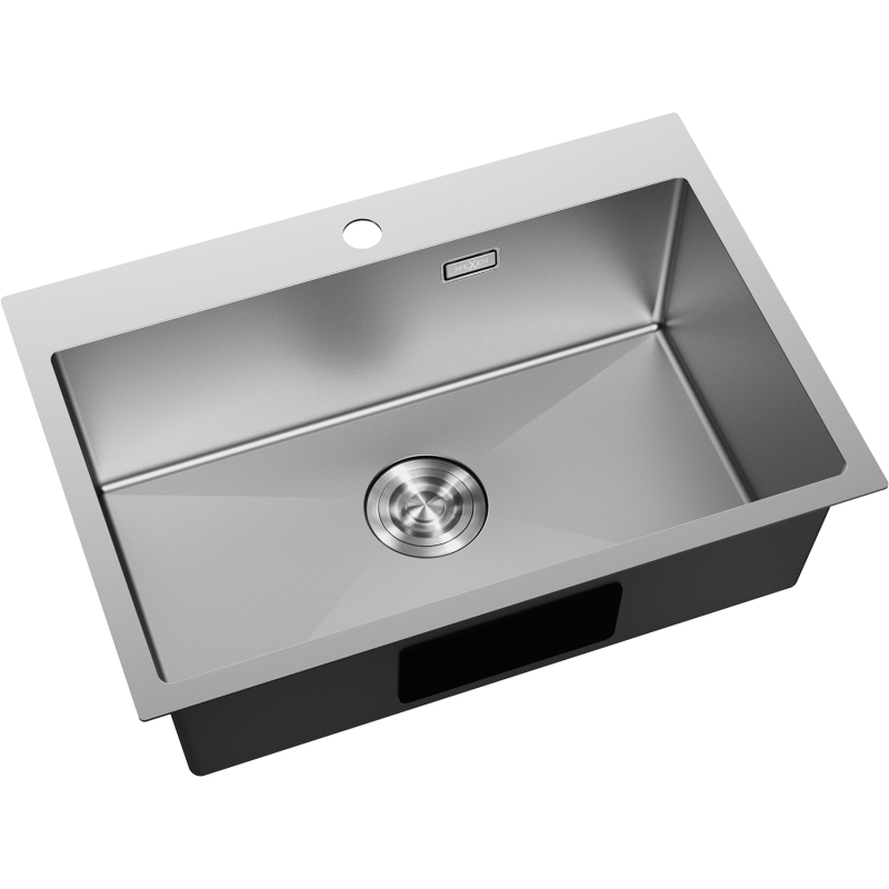 Kjøkkenvask Rustfritt Stål med enkel firkantet kum, avrundet avløp og hull til blandebatteri.