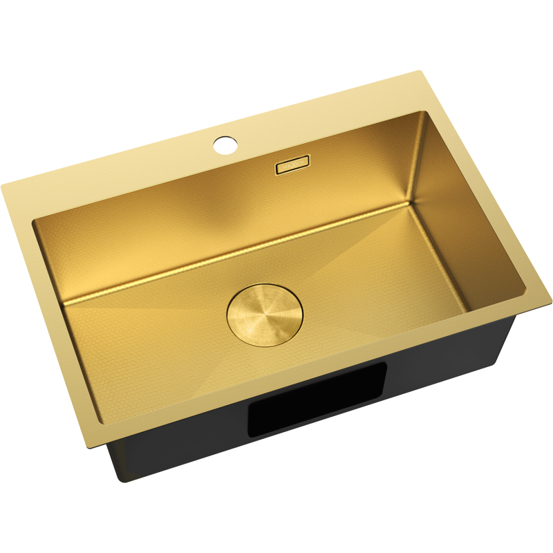 Stål Kjøkkenvask Mexen Solix i matt gull, rektangulær med én kum og stort avløpshull.