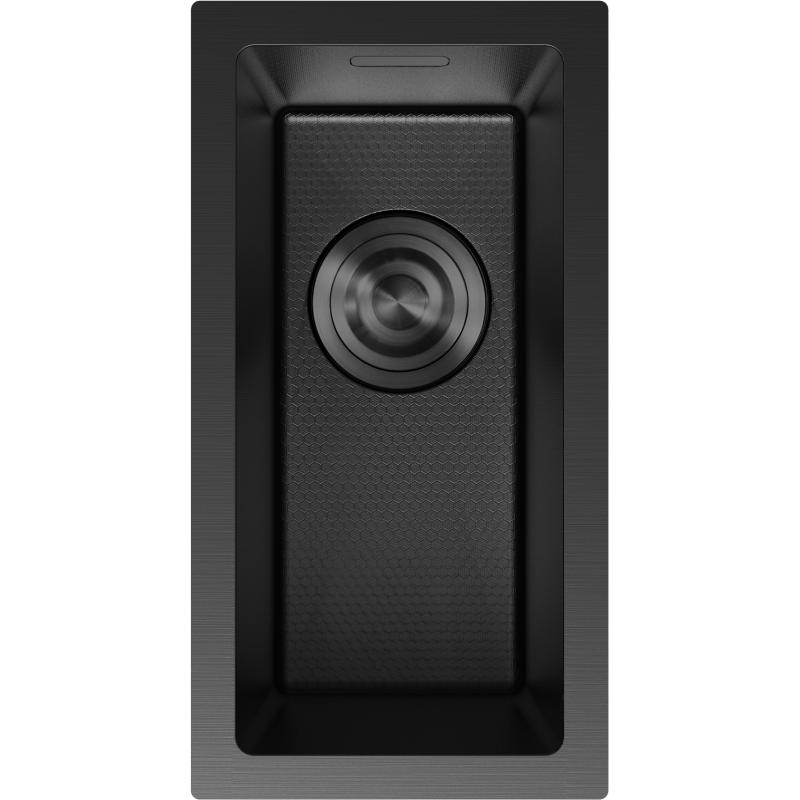 Stålvask Mexen Trixo svart, rektangulær med avrundet avløp og matt bikubemønstret bunn.