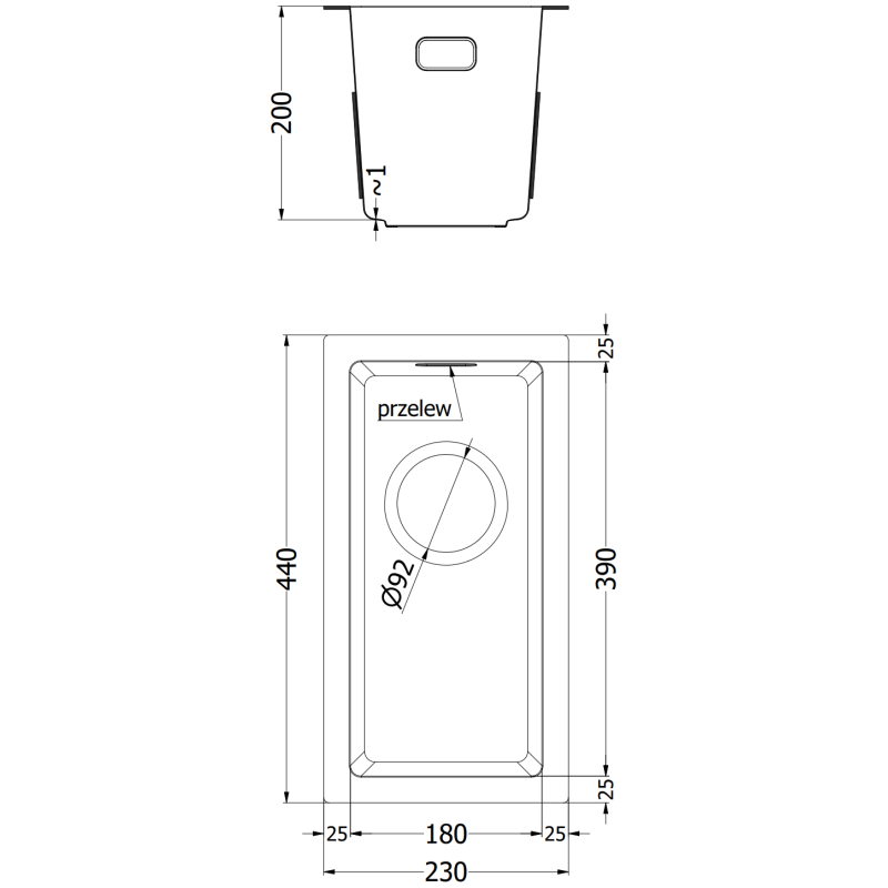 Kjøkkenvask i stål teknisk tegning av svart Mexen Trixo 230 x 440 mm med mål og hull.