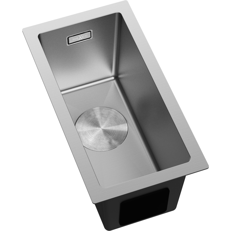 Stål Kjøkkenvask Mexen Trixo 230 x 440 mm sett ovenfra med avrundet kant og rund bunnrist.