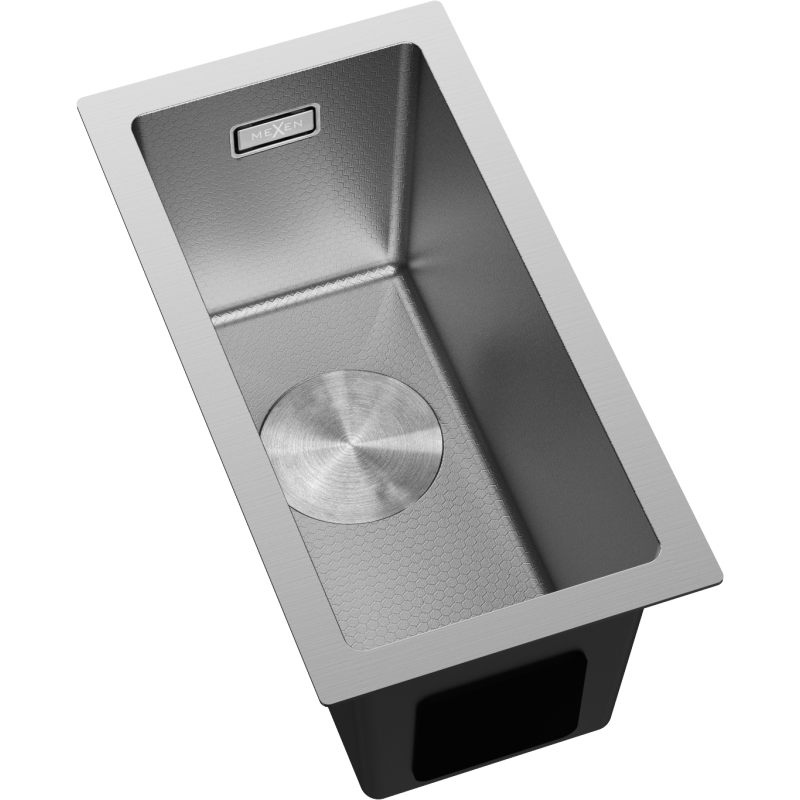 Stål Kjøkkenvask Mexen Trixo sett ovenfra med børstet finish, bikubemønster og rund avløpsrist.