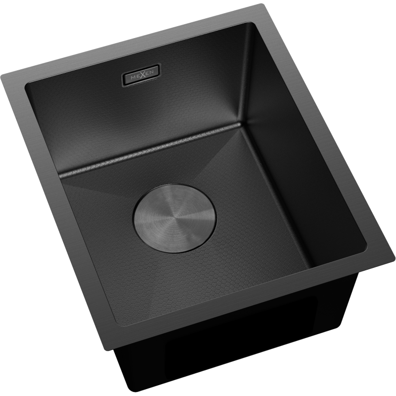 Stål Kjøkkenvask Mexen Trixo svart, sett ovenfra med matt overflate og bikubemønster, rundt avløpsdeksel.