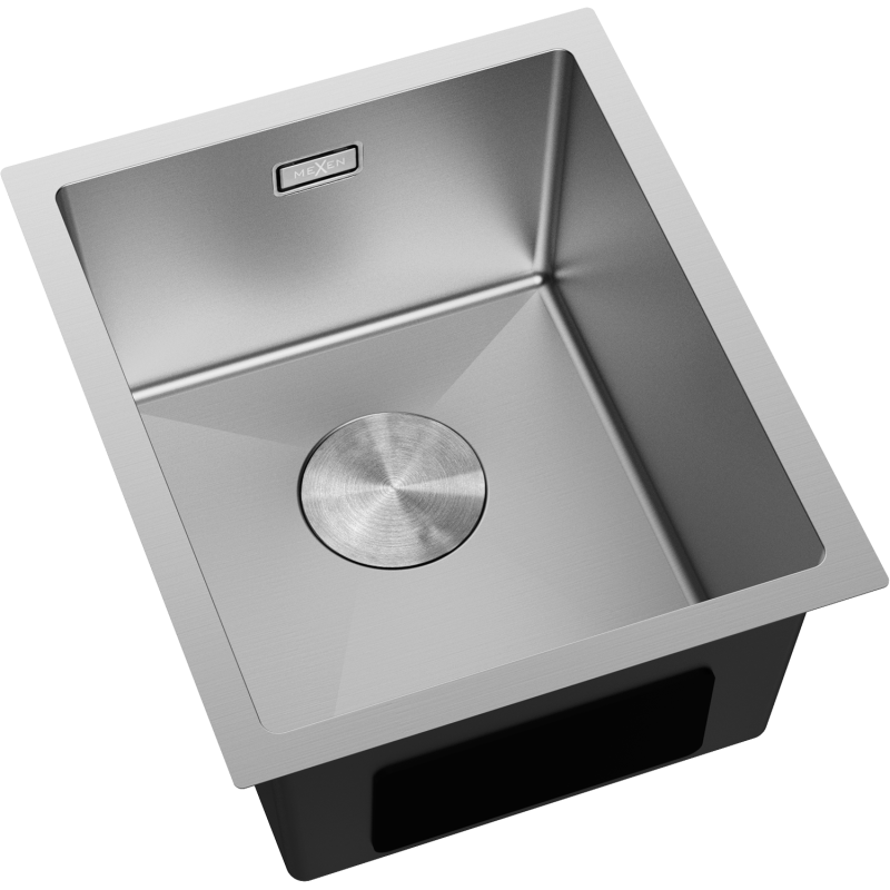 Stål Kjøkkenvask Mexen Trixo 370 x 440 mm sett skrått ovenfra med synlig avløp og diskret logo.