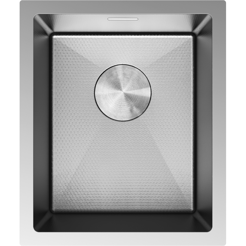 Kjøkkenvask i stål Mexen Trixo med sekskantmønstret bunn og rund ventil, sett ovenfra.