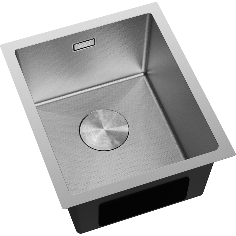 Stål Kjøkkenvask Mexen Trixo sett ovenfra med matt mønster og sirkulær bunnventil.