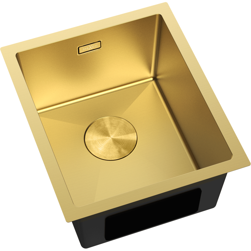 Stål Kjøkkenvask Mexen Trixo i gull, firkantet, sett ovenfra med matt finish og rund bunnrist.