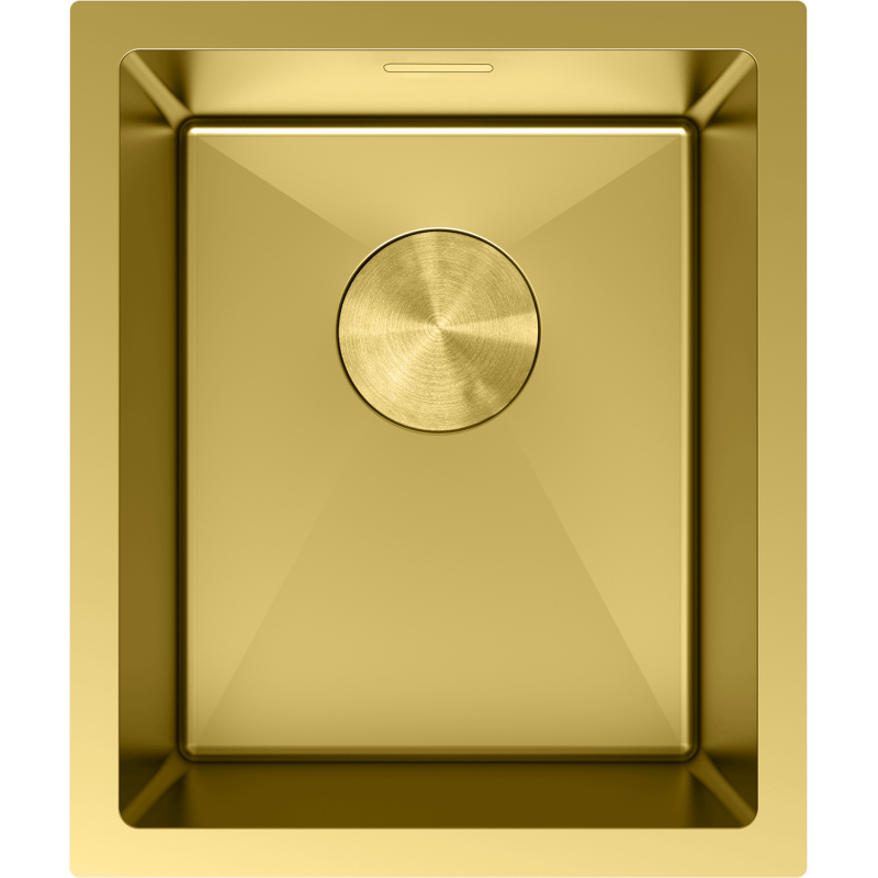 Kjøkkenvask i stål fra Mexen Trixo i børstet gull, rektangulær med midtplassert avløpsdeksel.
