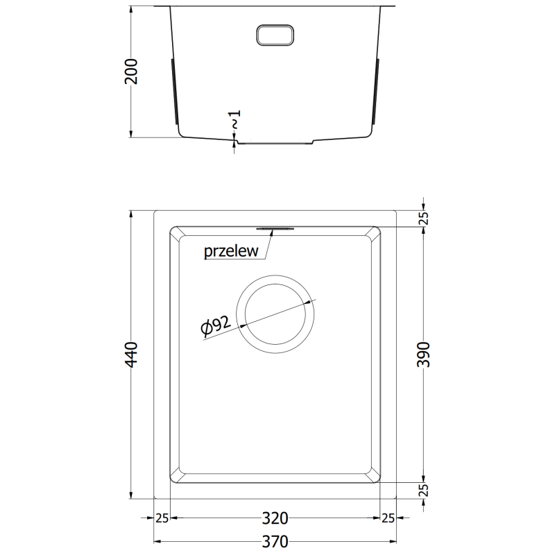 Kjøkkenvask i stål teknisk tegning av Mexen Trixo 370 x 440 mm med mål og plassering av overløp.