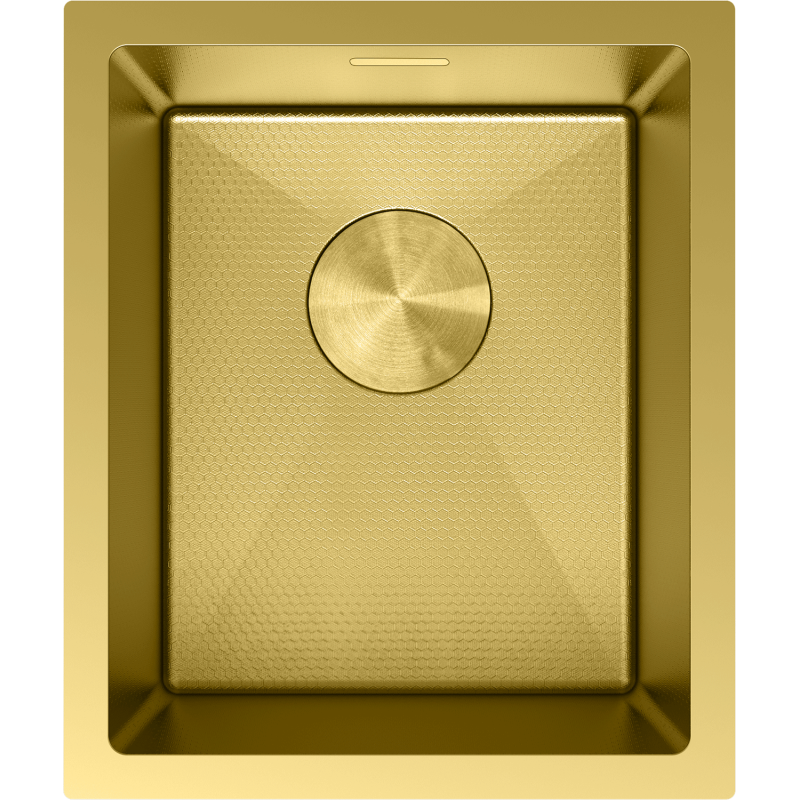 Kjøkkenvask i stål Mexen Trixo gull, rektangulær med bred kant og rund avløpsdeksel sett ovenfra.