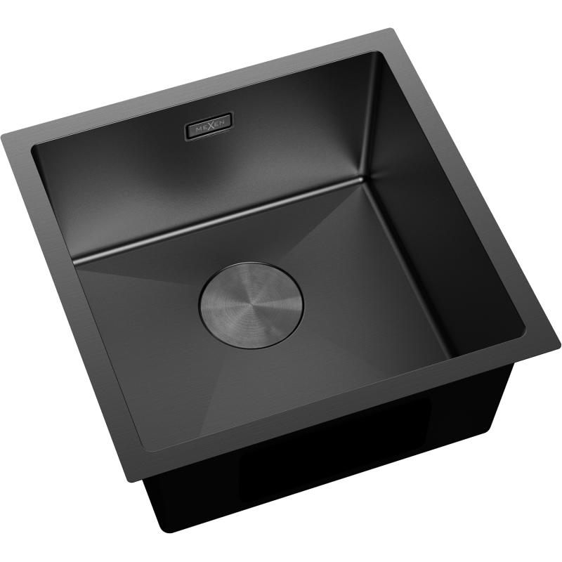 Stål Kjøkkenvask Mexen Trixo 440 x 440 mm i svart matt finish, sett skrått ovenfra.