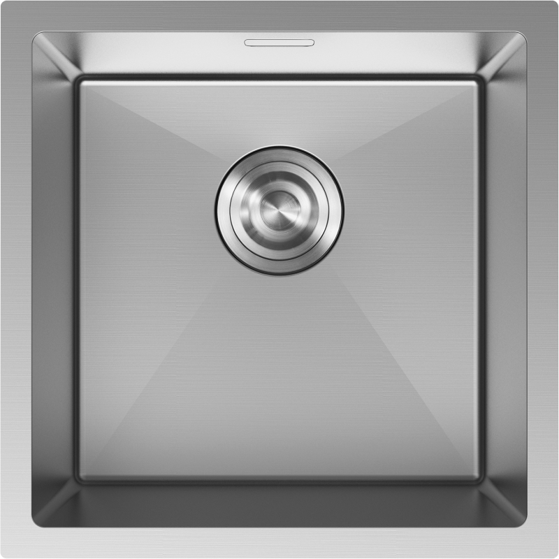 Stålvask Mexen Trixo 440 x 440 mm sett ovenfra med avrundede hjørner og sentrert avløp.