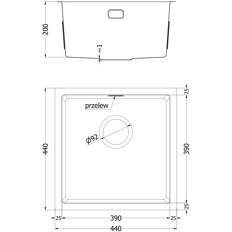 Kjøkkenvask i stål teknisk tegning med mål for Mexen Trixo 440 x 440 mm, 1 kum, vist fra siden og ovenfra.