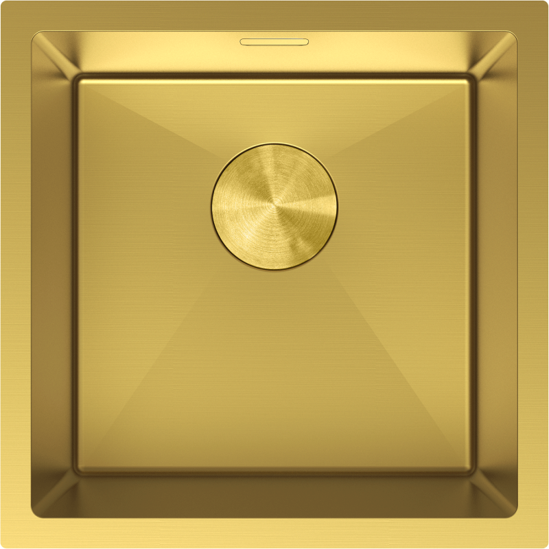 Kjøkkenvask i stål Mexen Trixo 440 x 440 mm i børstet gull, sett ovenfra med midtstilt rund ventil.
