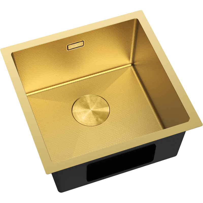 Stål Kjøkkenvask Mexen Trixo gull, firkantet, mønstret overflate, sett skrått ovenfra med rund bunnpropp.