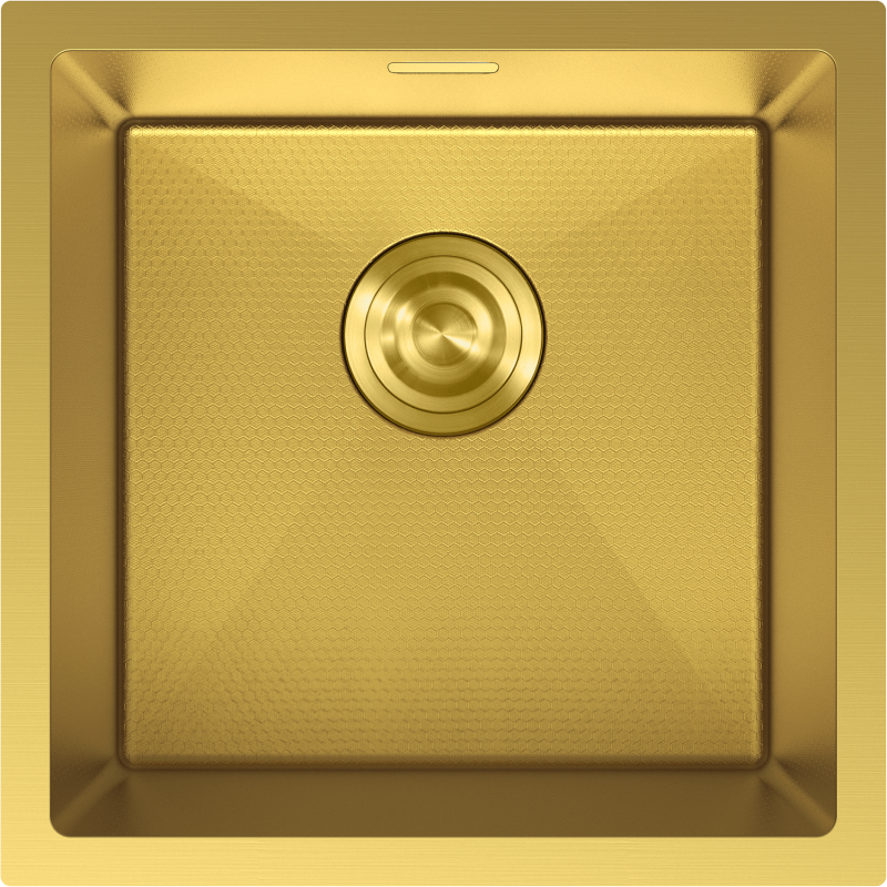 Stålvask Mexen Trixo i gull, firkantet design med bikubemønstret bunn og sentrert rund avløpsdel.
