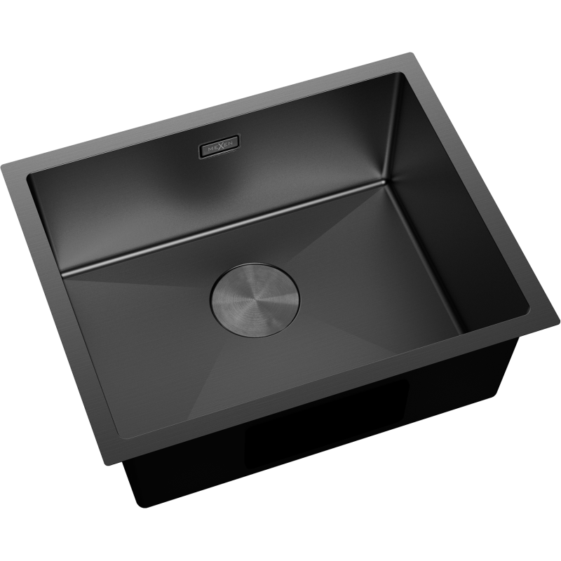 Stål Kjøkkenvask Mexen Trixo svart, rektangulær, med én kum og sentrert rund avløp, sett skrått ovenfra.