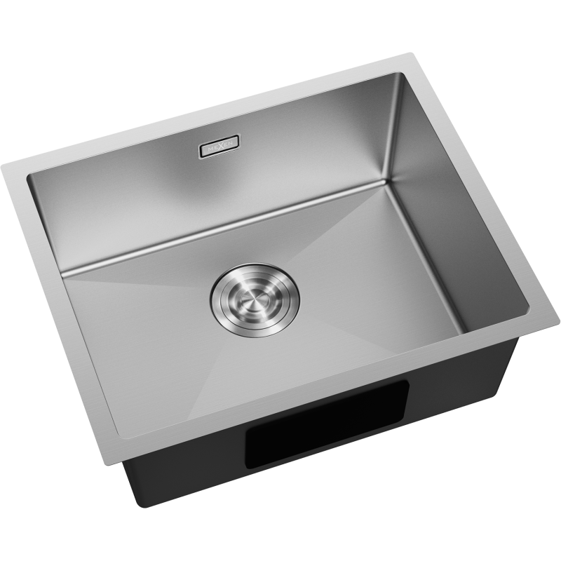 Kjøkkenvask Rustfritt Stål Mexen Trixo sett ovenfra med avrundede hjørner og sentrert rund avløpsrist.