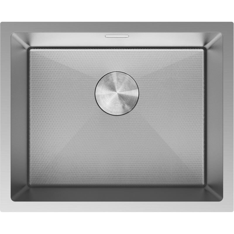 Kjøkkenvask i stål Mexen Trixo sett ovenfra med strukturert bunn og rund sil i midten.