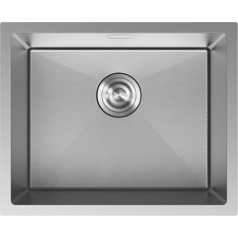 Stålvask Mexen Trixo 540 x 440 mm sett ovenfra med rund sil og bikakemønstret bunn.