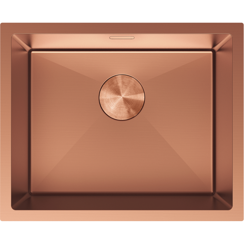 Kjøkkenvask i stål Mexen Trixo 540 x 440 mm i børstet kobber, sett ovenfra med sentrert avløpslokk.