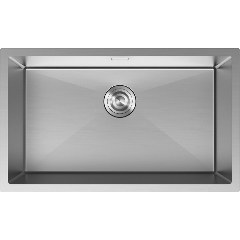 Stålvask Mexen Trixo 750 x 440 mm med avrundede hjørner og sentrert avløp, sett ovenfra.