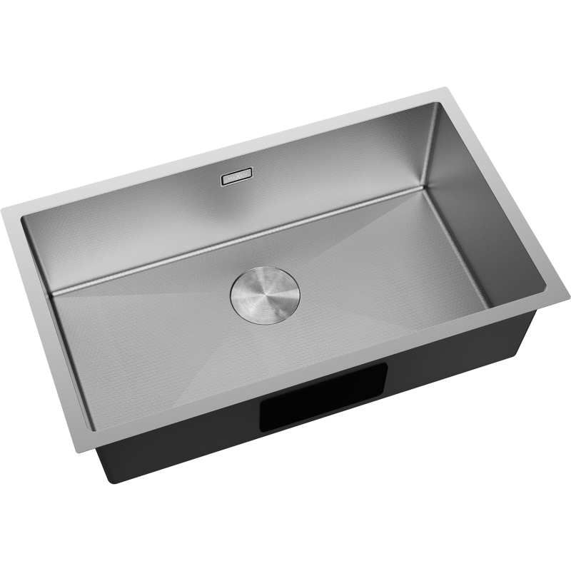 Stål Kjøkkenvask Mexen Trixo 750 x 440 mm med 1 kum, sett skrått ovenfra med sentrert bunnventil.
