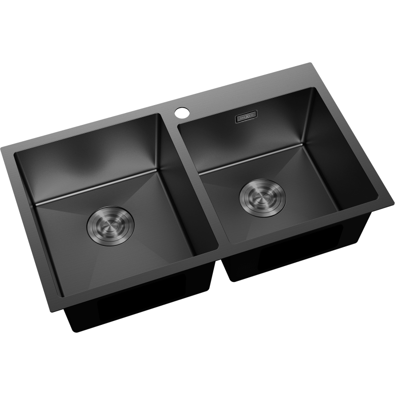Kjøkkenvask Rustfritt Stål Mexen Xorin svart dobbel kum sett skrått ovenfra med sluk og kranhull.